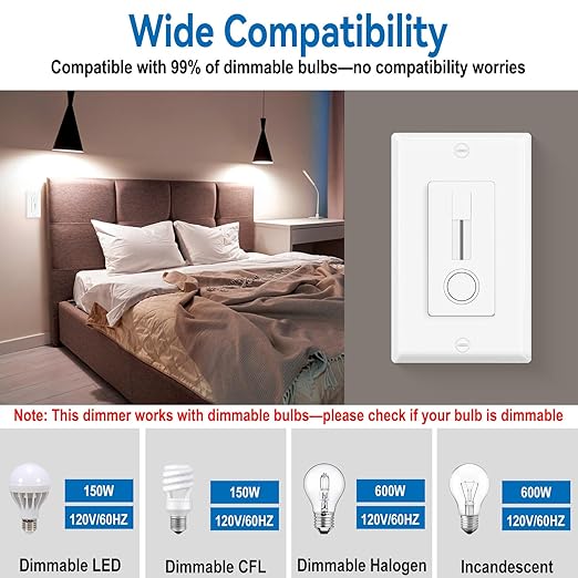 1 Pack Single Pole LED Dimmer Switch - No Neutral Wire Required, Slide Light Dimmer Switch for 150W Max LED/CFL, 600W Max Incandescent/Halogen, ETL Listed, White