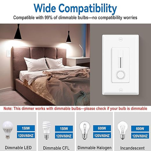 1 Pack Single Pole LED Dimmer Switch - No Neutral Wire Required, Slide Light Dimmer Switch for 150W Max LED/CFL, 600W Max Incandescent/Halogen, ETL Listed, White