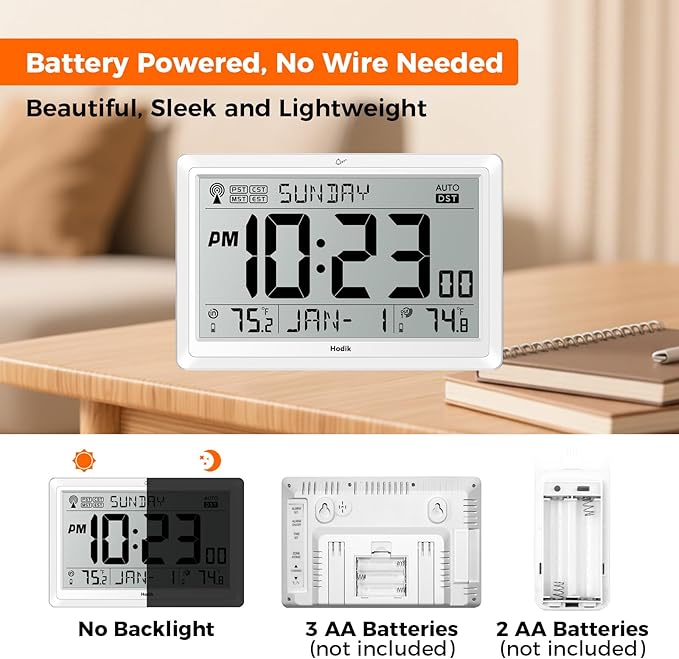 HODIK Wall Clock Atomic with Indoor Outdoor Temperature Battery Powered, Easy Reading with 10.5 Inch LCD Display, 330FT Range Table Wall Clock with DST, 12/24 Hour for Living Room Kicthen (White)