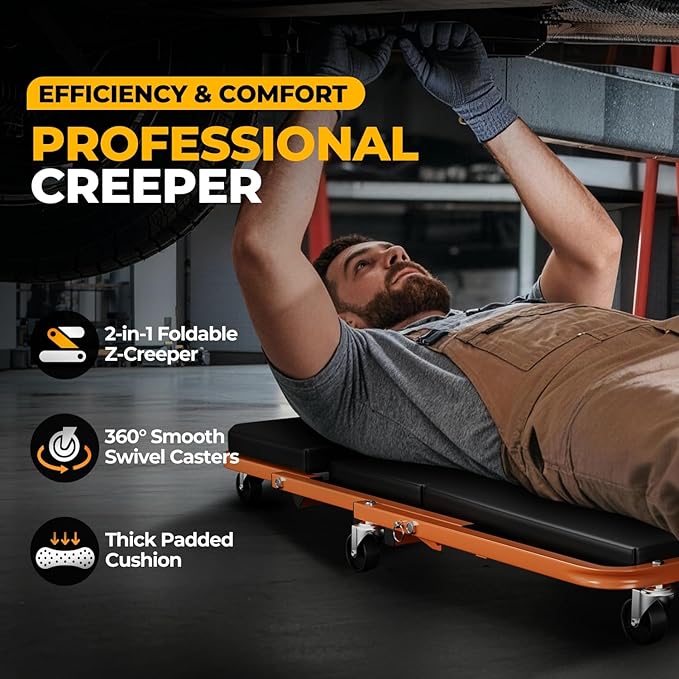 Auto Dynasty 36" Z-Creeper Seat, 2-in-1 Foldable Garage Creeper Shop Seat, 330 LBS Capacity Automotive Mechanic Repair Under Car Rolling Creeper Seat, Orange