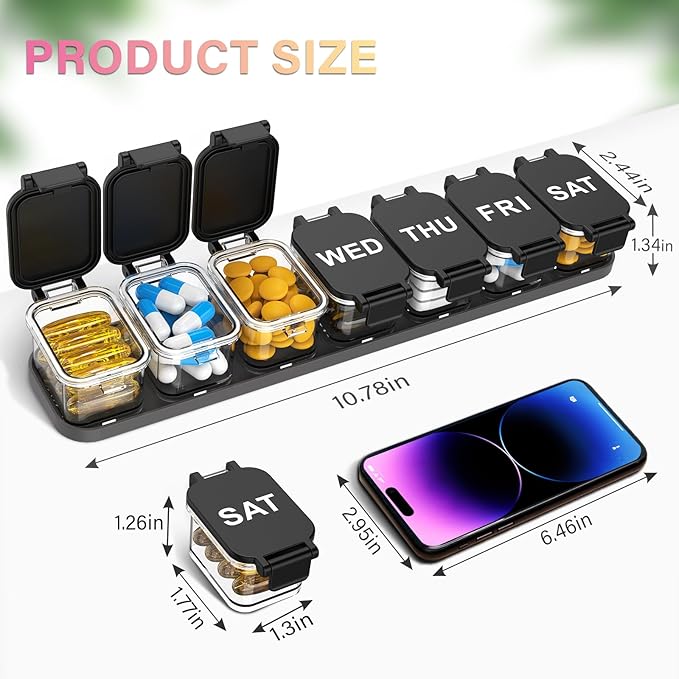 2-Pack Extra Large Weekly Pill Organizer 7-Day Travel Pill Box 7 Compartments