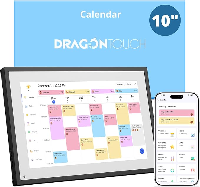 Dragon Touch 10.1 inch Digital Calendar Chore Chart – Interactive Touchscreen, Smart Family Planner, Hearth Display Desk Digital Calendar Seamless Scheduling Black