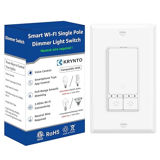 1 Pack Smart Dimmer Switch, Single Pole with Neutral Wire Required, 2.4GHz WiFi Switch Compatible with Alexa & Google Home, No Hub Needed, 150W Max LED/CFL 600W Max Incandescent, ETL Certified, White