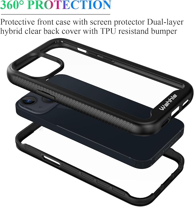 wahhle Compatible with iPhone 13 Mini Case, Built in Screen Protector Full Body Shockproof Slim Fit Bumper Protective Phone Cover 5.4'' Men Women-Black/Clear