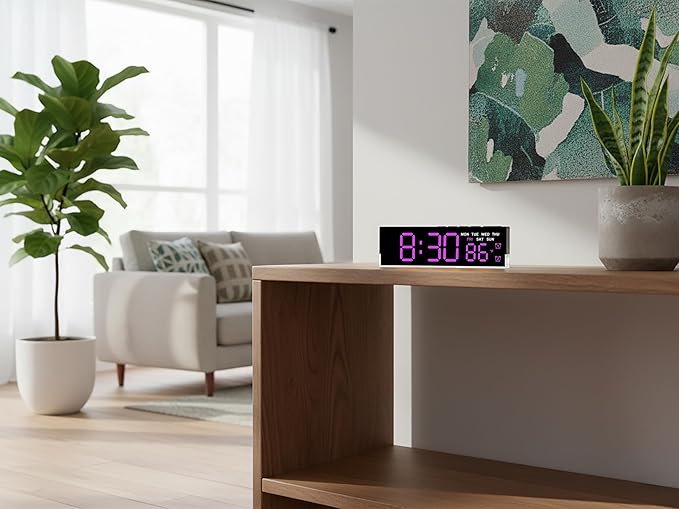 45MinST 7-Inch LED Digital Alarm Clock with Bottom Glow Light｜Displays Time, Date, Day, Temperature ｜Dual Alarms, DST,Auto/Manual 3-Level Brightness,Battery or USB Powered Desk Clock,Rose Red