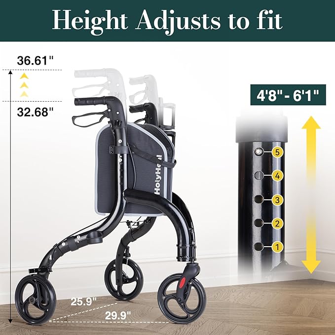 3 Wheel Walkers for Seniors, Lightweight Rollator Walkers Foldable for Elderly with Cane Hold and Cup Hold, Height Adjustable Aluminum Three Wheel Rolling Walker Mobility Aid, Black