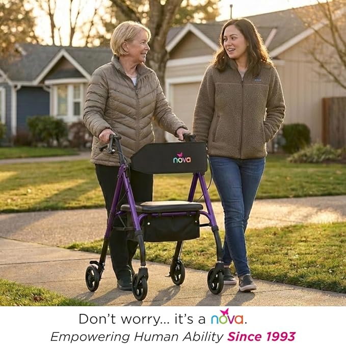 NOVA Star 6 Foldable Rollator Walker for Seniors, Wide Padded Backrest with Seat, 6” All-Terrain Wheels, Easy-Grip Locking Hand Brakes, Height Adjustable, Purple