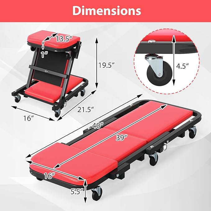 Goplus 2-in-1 Z Creeper, 40 Inch 350LBS Foldable Mechanic Creeper with 6 Swivel Wheels, Padded Headrest and Seat, Lay Down or Sit, Rolling Automotive Under Car Creepers for Garage, Shop, Auto Repair