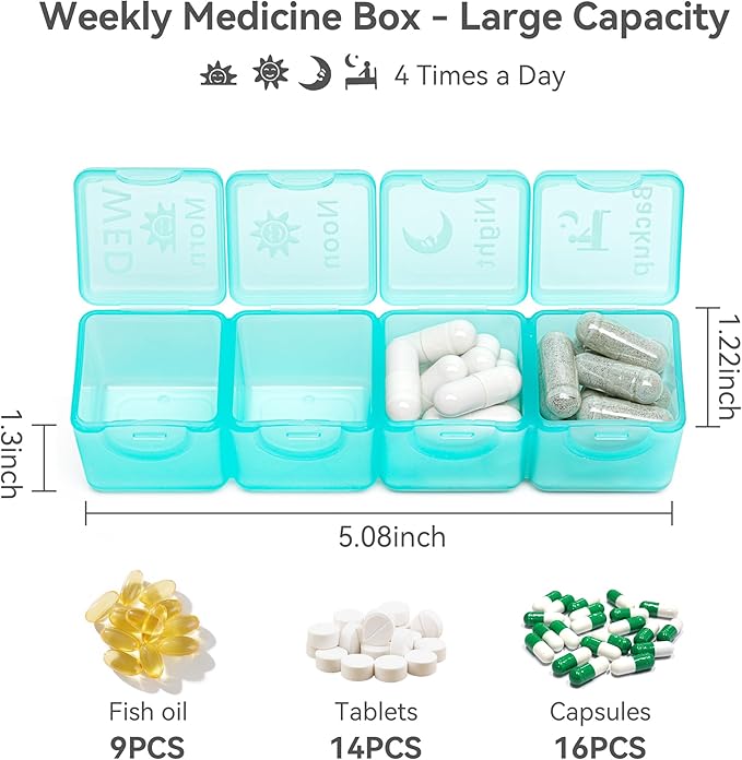 Restree Monthly Pill Organizer 28-Compartment Pill Case, 4 Times Daily Medication Container, Travel-Friendly Pill Box for Vitamins Supplements (Black)