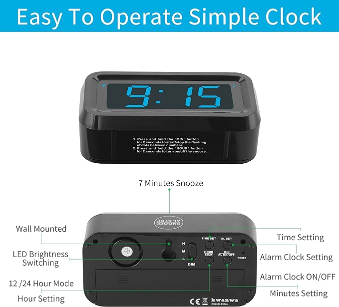KWANWA Alarm Clock, Digital Clock, Constantly 1.2'' LED Blue Digits Display, Battery Powered, Snooze, Small Wall Clock, Desk Clock, Clock for Bedroom, Alarm Clock for Heavy Sleepers