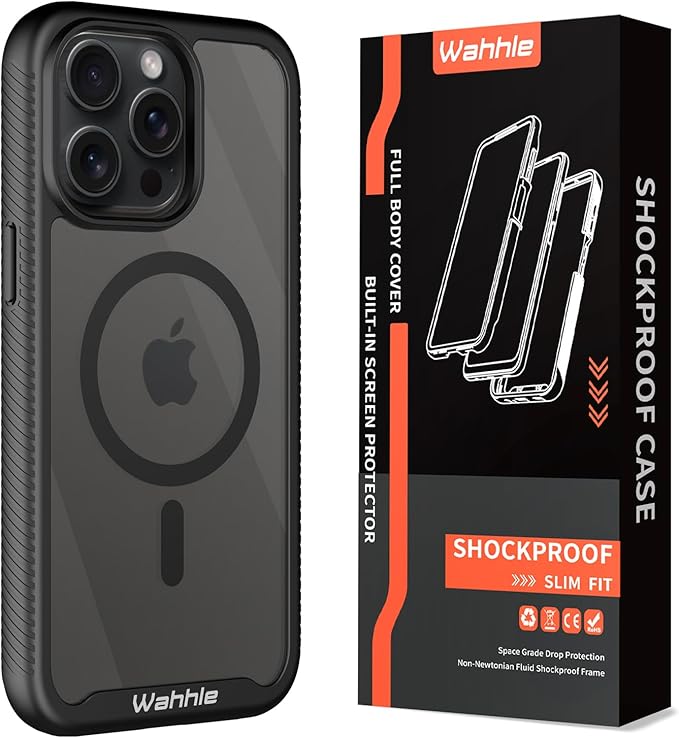 wahhle Compatible with iPhone 15 Pro Case, Magnetic Wireless Charging Built in Screen Protector Full Body Shockproof Slim Fit Bumper Protective Phone Cover 6.1'' Men Women-Black/Clear