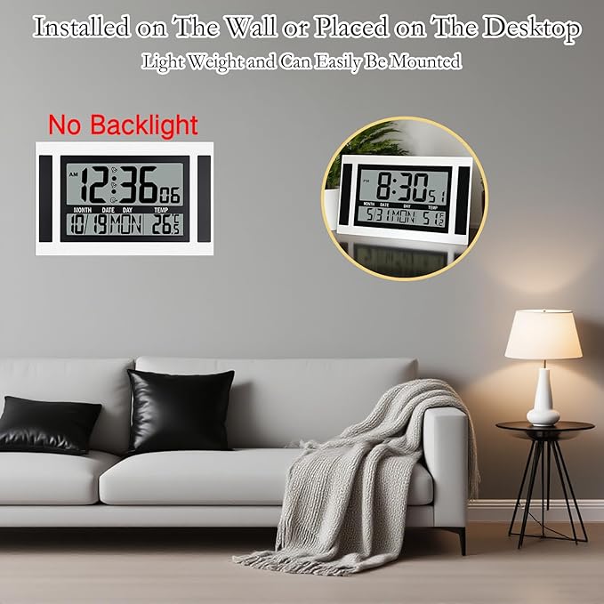 11.5" Large Display Digital Wall Clock Battery Operated with Big Numbers,Desk Clocks with Time Date Temperature, 2 Alarms with Snooze, Easy to Use for Bedroom, Living Room, Office,Gift for Elderly