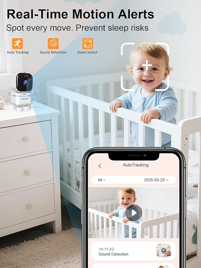 2-Camera Smart Baby Monitor with App and 5" Display, Dual Connectivity (No WiFi FHSS & WiFi), 1080P HD Remote Pan-Tilt-Zoom with Motion Tracking, 36H Battery, White Noise, Cry & Temp Alerts