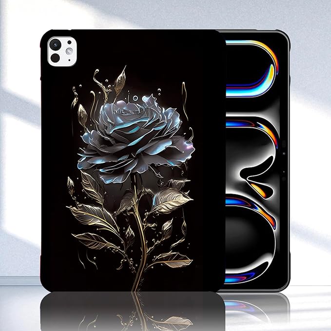 Dteck for Apple iPad Pro 13 Inch (M4/M5) Ultra Thin Case 2024/2025 Release, Cute Cartoon Lightweight Soft Silicone TPU Slim Tablet Cover, Protective Shockproof Scratch Resistant Shell, Black Flower