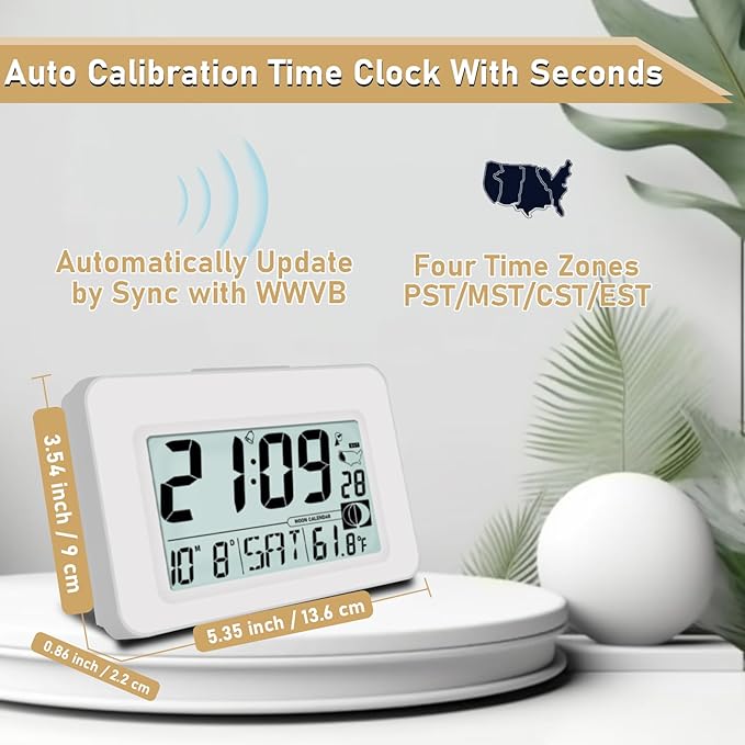 Handy Atomic Alarm Clock - 6'' Battery Operated Digital Clock with Seconds, Self-Setting, Auto Sync, DST, Selectable Time Zones,Portable Travel Desk Clock with 5s Touch Backlight for Bedroom（White)