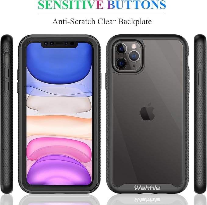 wahhle Compatible with iPhone 11 Pro Max Case, Built in Screen Protector Full Body Shockproof Slim Fit Bumper Protective Phone Cover 6.5'' Men Women-Black/Clear