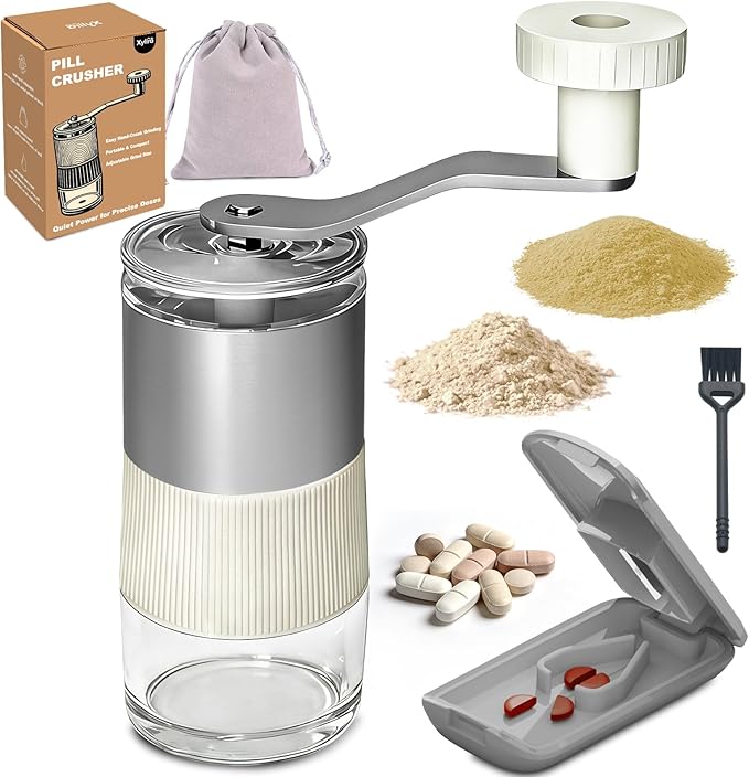 Pill Crusher, Grind Pills to Fine Powder, with Pill Cutter for Small and Large Medication and Vitamin Tablets with Storage Compartment - Great for Feeding Tube, Kids, Pets, Elderly - Ideal for Travel