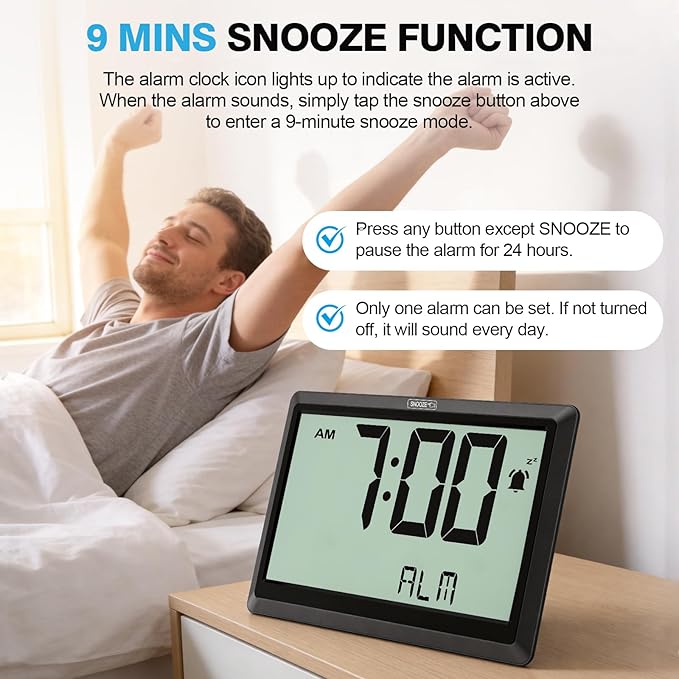 XREXS 10.4 Inch Digital Wall Clock, Battery Operated Large Display Clock, Digital Calendar with Indoor Temperature/Humidity/Date/Day, Auto DST for Classroom, Livingroom, Office(No Backlight)