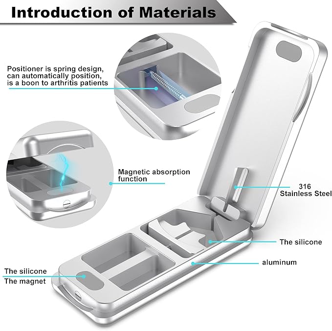 JEINAPA Aluminum Pill Splitter Cutter with Auto Centering Device, 316L Stainless Blade, Genuine Leather Case, Professional Pill Splitter for Cutting Small or Large Pills (Silver)