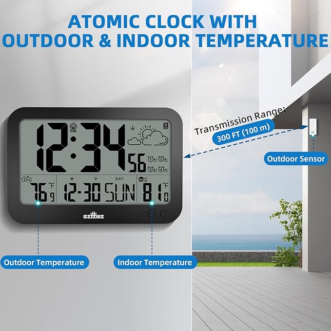 Atomic Clock,10" Digital Clock Large Display, Wall Clocks Battery Operated with Backlight, Wireless Outdoor Sensor, Alarm Clock Indoor Outdoor Temp, 4 Time Zones, Auto DST, Clock for Bedroom (Black)