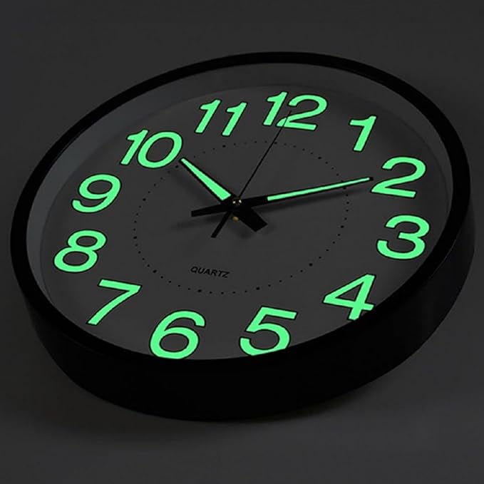 12 Inches Night Light Wall Clocks - with Silent Non-Ticking Glowing Function - Big Solid Numbers Easy to Read Both Day and Night (White/Black)