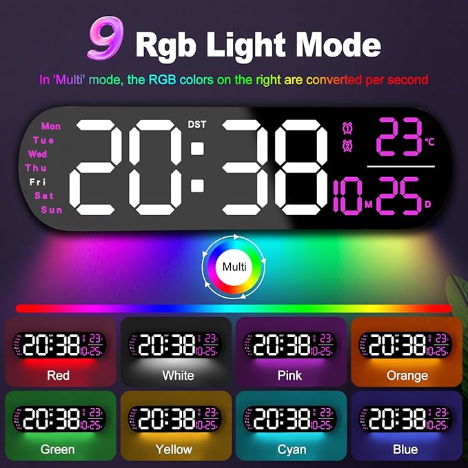 13.7" Large Digital Wall Clock – Remote Control, Dual Alarm, Big LED Display, Auto-Dimming, RGB Night Light, Auto DST – Bedroom, Living Room, Office, Purple
