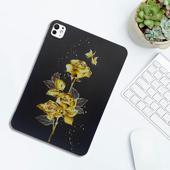 Dteck for iPad Pro 11 Inch (M4/M5) Ultra Thin Case 2024/2025 Release, Cute Cartoon Lightweight Soft Silicone TPU Slim Tablet Cover, Protective Shockproof Scratch Resistant Shell, Gold Rose Flower