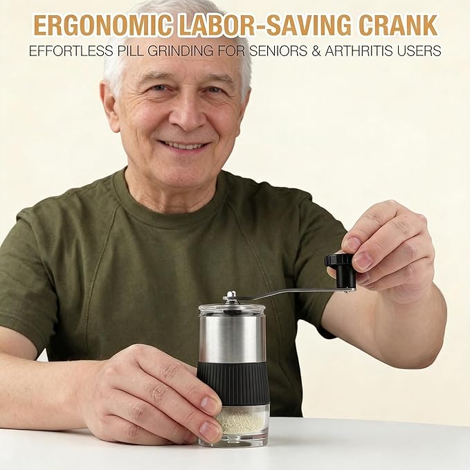 Small Portable Pill Crusher Grinder with Ergonomic Crank Handle,Grinds Pills to Fine Powder for Elderly,Crushes Multiple Small & Large Tablets & Vitamins,for Pets,Feeding Tube,Kids,Home & Travel Use