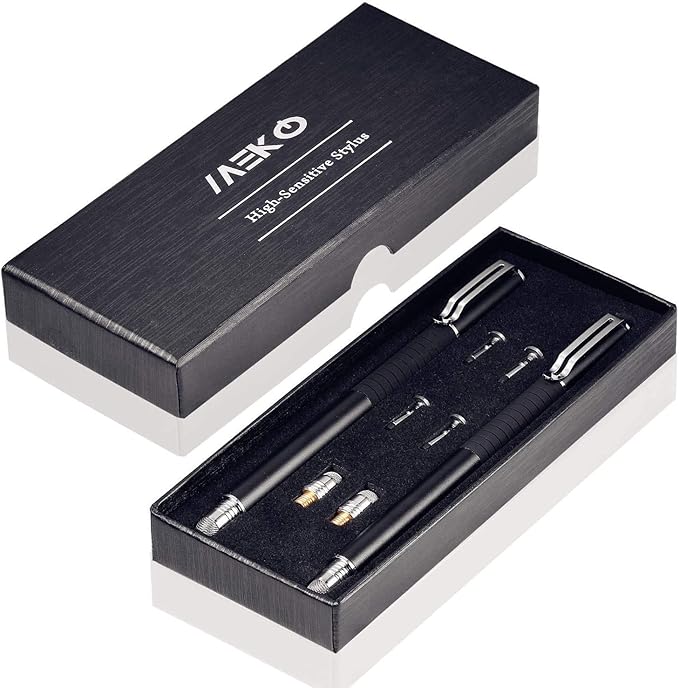 MEKO Universal Stylus,[2 in 1 Precision Series] Disc Stylus Touch Screen Pens for All Capacitive Touch Screens Cell Phones, Tablets, Laptops Bundle with 6 Replacement Tips - (2 Pcs, Black/Black)
