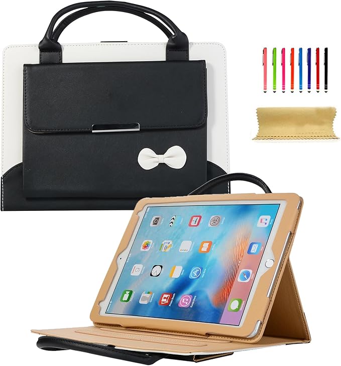 Dteck for iPad Air 13" M2/M3/M4, Pro 13" M4/M5, Pro 12.9" 3rd/4h/5th/6th Gen Smart Folio Case with Auto Sleep Wake, Stand, Handle, Pocket, Handbag Style PU Leather Protective Cute Bowknot Cover, Black
