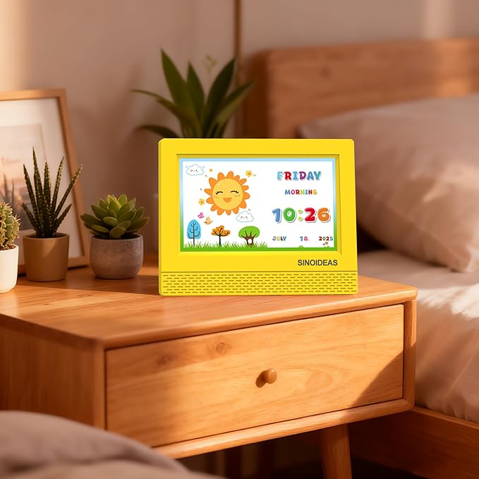 SINOIDEAS 7-Inch Kids' Digital Alarm Clock,Children's Sleep Trainer with Remote Control & Custom Reminder Function (Yellow)