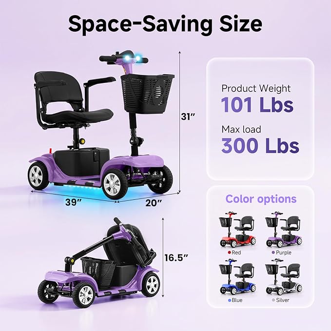 XERATH Mobility Scooters for Seniors Lightweight and Portable,Mobility Scooter with LED Headlights and Basket,lightest Foldable Mobility Scooter 4 Wheels Electric Powered Chargeable Device (Purple)