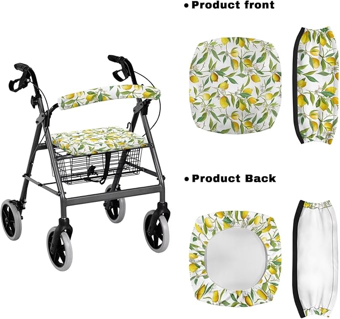 3 Piece Set Walker Accessories Yellow Lemon Walker Seat Cover Soft Rollator Seat and Back Rest Covers Underseat Pouch Tote, Easy to Install and Easy Clean