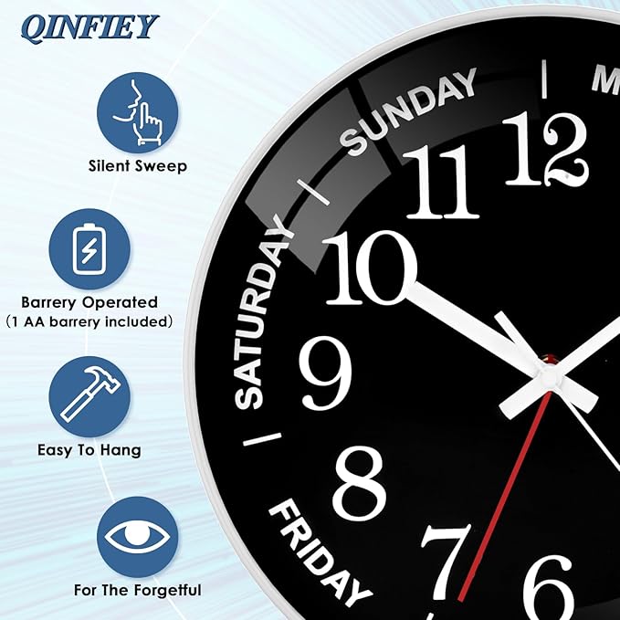 QINFIEY 12 Inch Day of Week Wall Clock, Non Ticking Modern Clocks Battery Operated，Analog Day Clock for Seniors Eldly，Classic for Office Home Classroom Bedroom School,Unique Gift Clock
