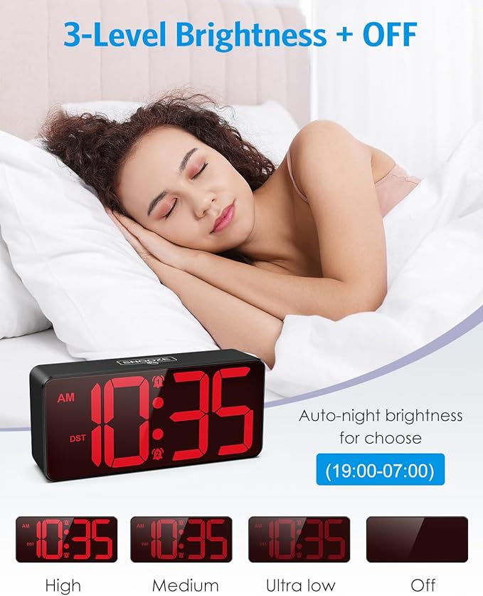 AMIR Battery Operated Digital Clock, Small Digital Clock, Cordless Alarm Clocks for Bedrooms - Large Numbers 4 Dimmers, 3 Volume, 12/24H, DST for Heavy Sleepers