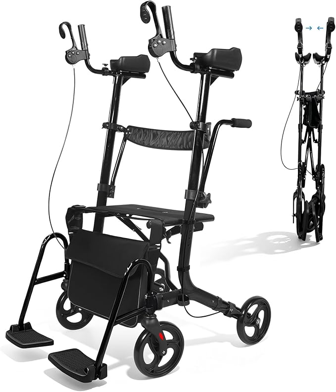 Upright Walkers for Seniors 450 lbs Capacity, 22 lbs Foldable Lightweight Walkers for Seniors with Seat, Armrest and Pedal, Height Adjustable Rollator Walker with Seat for Travel & Gift (Black)