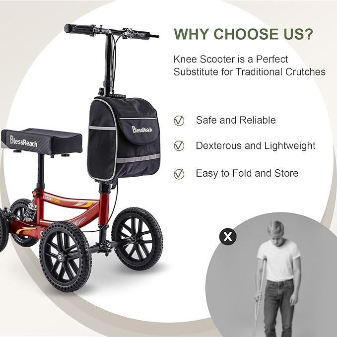 Knee Scooter, 350lbs Capacity, 13" Big PU Seat, Disc Brake Knee Walker, All Terrain Foldable Knee Scooter Walker with Bag for Foot Injuries Compact Crutches Alternative (Burgundy)