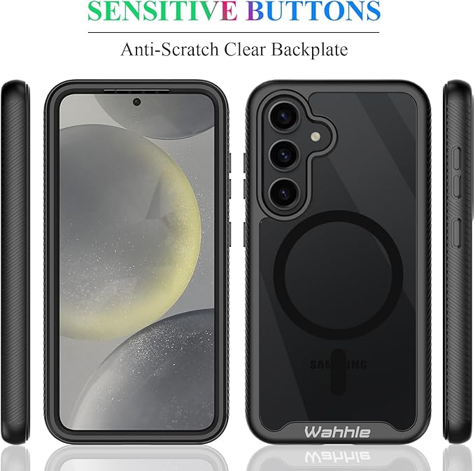 wahhle Compatible with Samsung Galaxy S24+ Plus Case, Magnetic Wireless Charging Built in Screen Protector Full Body Shockproof Slim Fit Bumper Protective Phone Cover 6.6'' -Black/Clear