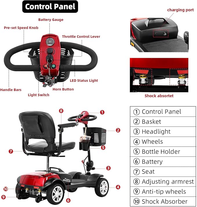 4 Wheel Mobility Scooter - Lightweight, Foldable Electric Mobbility Scooter for Adults, Seniors with Long Range Battery, Shock Absorbing, Basket, Car Light