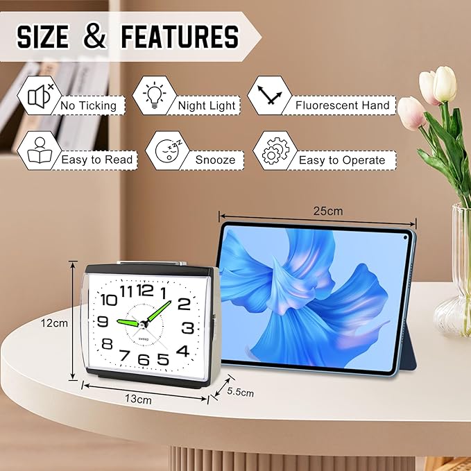 DTKID Large Alarm Clock for Bedside, Silent Non-Ticking Analog Clock with Night Light, Battery Powered, Gradually Increasing Alarm for Heavy Sleepers, Seniors