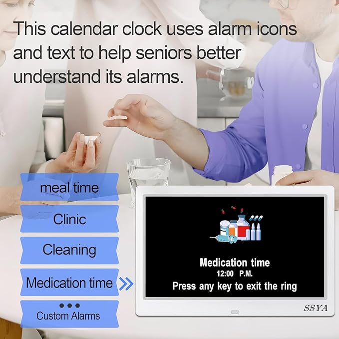 SSYA Dementia Clock for Seniors Digital Large Calendar Alarm Clock Auto DST White