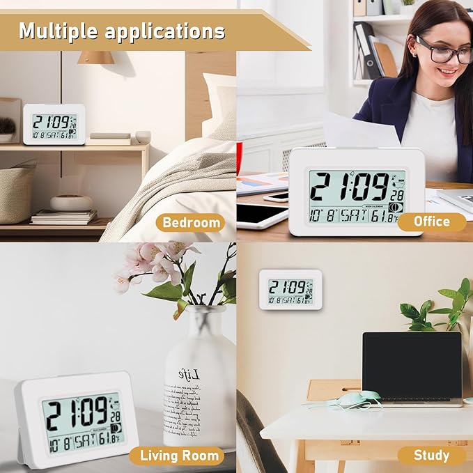 Handy Atomic Alarm Clock - 6'' Battery Operated Digital Clock with Seconds, Self-Setting, Auto Sync, DST, Selectable Time Zones,Portable Travel Desk Clock with 5s Touch Backlight for Bedroom（White)