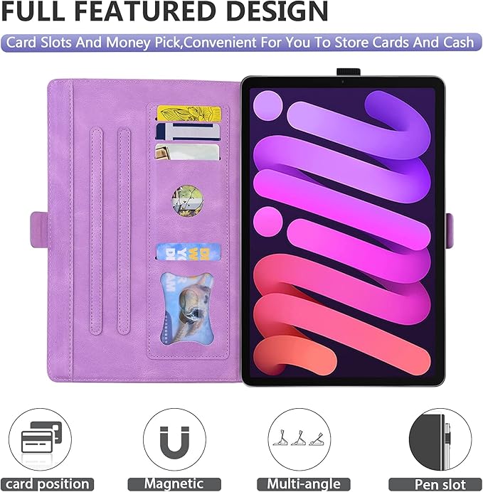 Dteck for iPad mini (A17 Pro/A15) 7/6th Generation Case 2024/2021 Release (8.3"), PU Leather Protective Case with Auto Sleep Wake & Stand Function/Card Slots, Lightweight Cute Case, Butterfly Purple