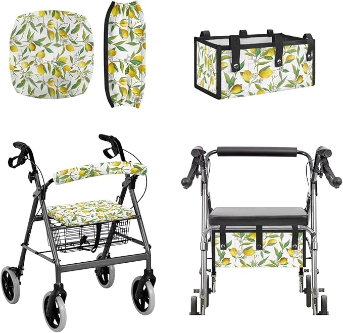 3 Piece Set Walker Accessories Yellow Lemon Walker Seat Cover Soft Rollator Seat and Back Rest Covers Underseat Pouch Tote, Easy to Install and Easy Clean