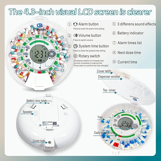 Bluetooth Automatic Pill Dispenser with App, Alarm, Light Alerts, 28-Day Medication Organizer for Seniors & Caregivers with Tracks Adherence History, Clear LCD, Key Lock, for Vitamins Prescriptions