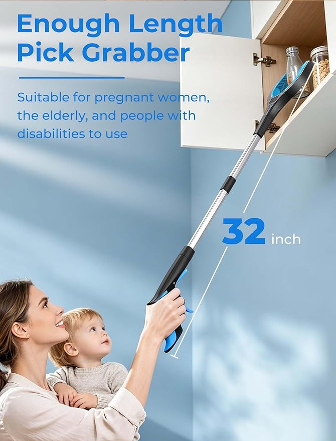 32" 2-Pack Grabber Reacher Tools, Upgraded Strong Foldable Grabber Pickup Tool, Rotating Extended Anti-Slip Jaw, Magnet & Heavy Duty Grip, Wide Claw Trash Claw Lightweight Grabber for Seniors Patient
