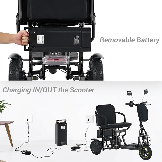 3-Wheel Folding Mobility Scooter Foldable Lightweight Electric Scooter for Adults & Seniors, Detachable Lithium Battery, Long Range 28 Miles, 3-Speed, with Rearview Mirror & Turn Signal (Black)