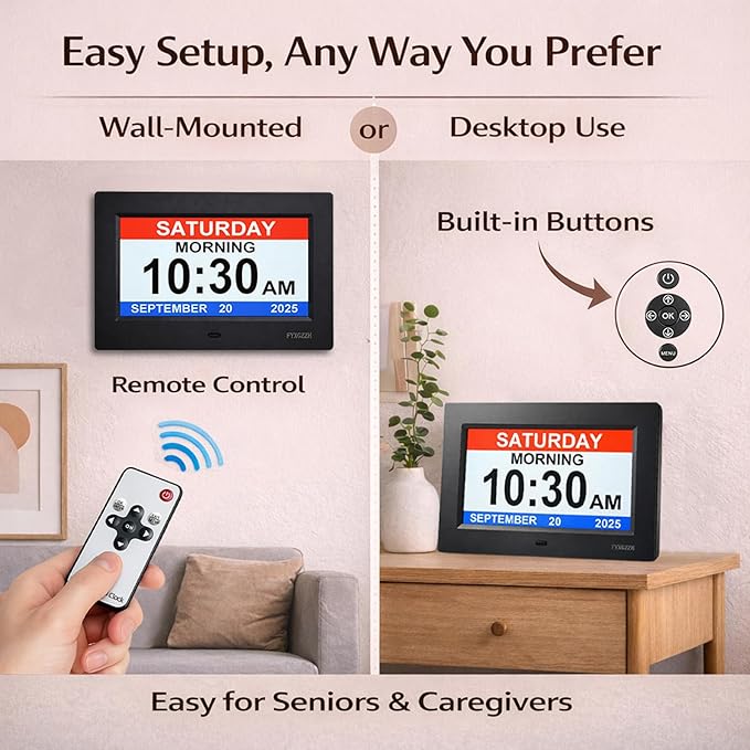 Large Display Digital Dementia Clocks for Seniors, 7'' Day Date Time Calendar Clock for Elderly, Simple Setup, 19 Alarm Reminders, Adjustable Brightness, DST