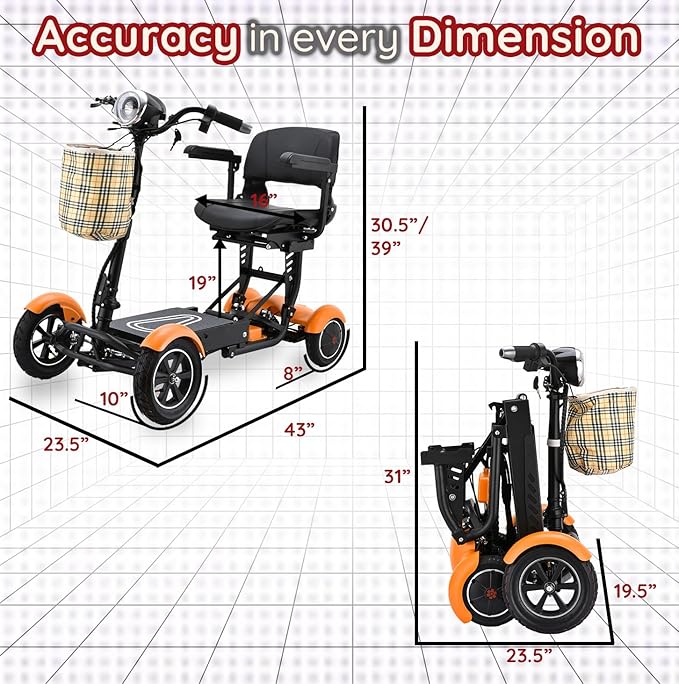 Dragon Mobile EX 4 Wheel Foldable Mobility Scooter for Adults, Elderly & Travel - All Terrain Aluminum Alloy Power Wheelchair with Premium Large Seat - Front Basket Included (Matte Orange)