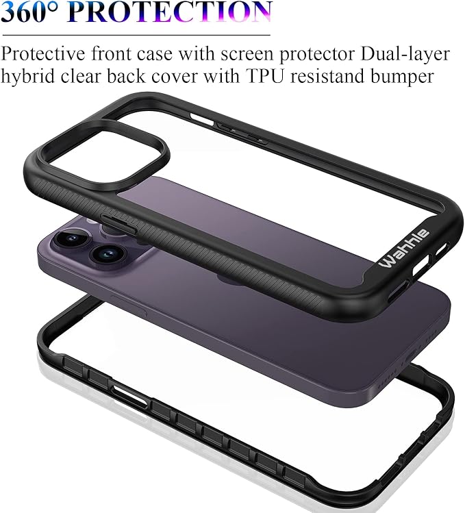 wahhle Compatible with iPhone 14 Pro Max Case, Full-Body Phone Cover with Screen Protector【Built-in, Touch Sensitive, Anti Scratch】 Upgraded Shockproof TPU Bumper Case 6.7 Inches-Black/Clear